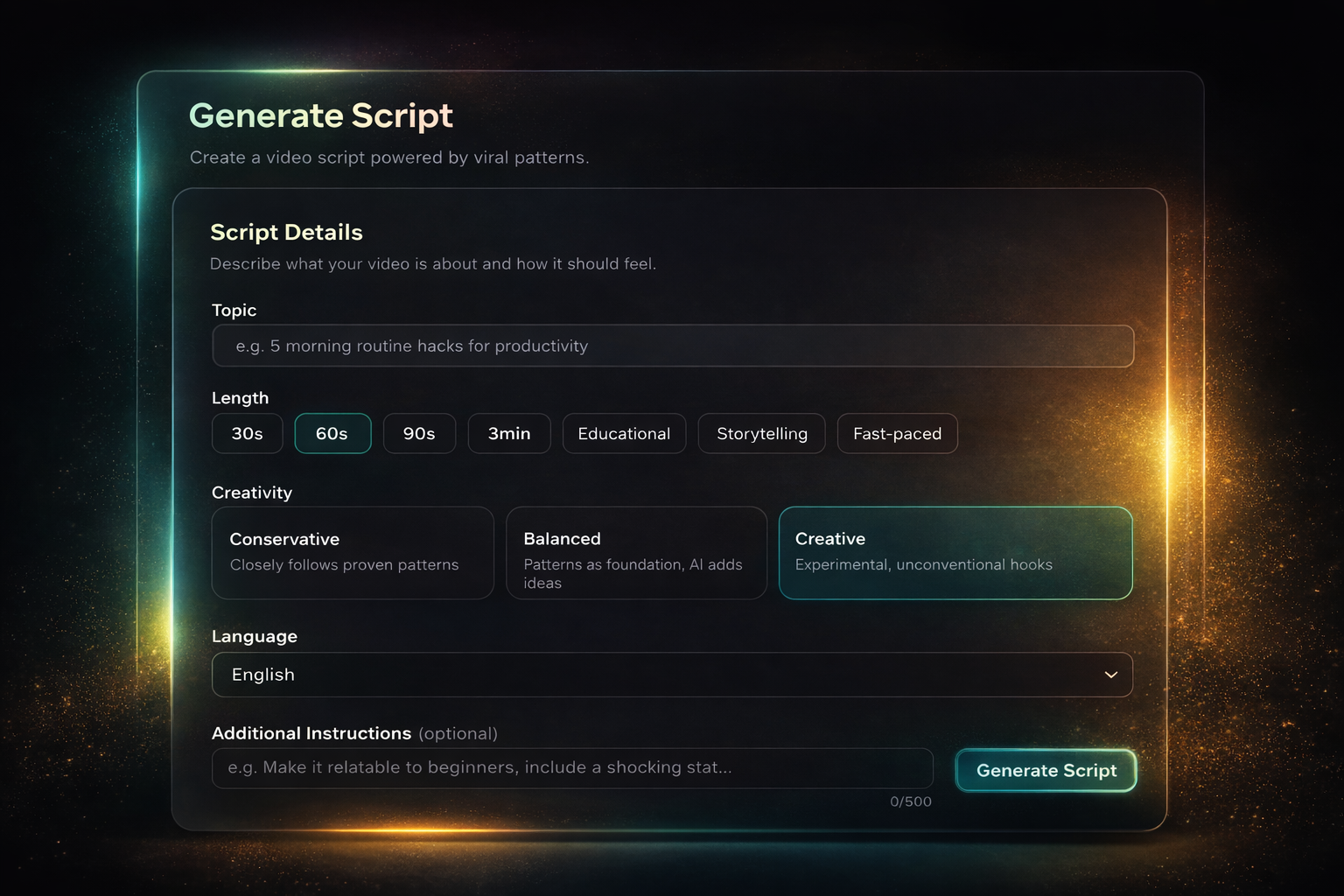 Script generation interface with structured output